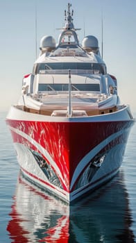 Red and white luxury yacht moored in calm water reflecting on the sea