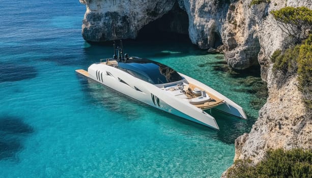 Modern, white catamaran yacht anchored in crystal clear turquoise waters, nestled near a dramatic rocky cliff face