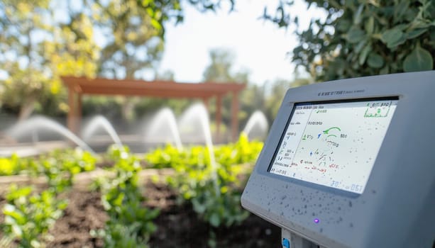Smart garden irrigation system monitoring water sprinklers and displaying information on a digital screen