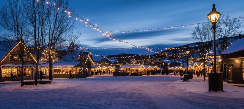 People strolling and shopping at a cozy christmas market illuminating a snowy square at dusk