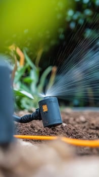 Micro sprinkler watering a vegetable garden, ensuring hydration and growth for thriving plants