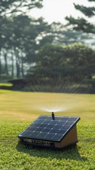 Solar panel powering an irrigation system watering grass in a public park, promoting water conservation and sustainable practices