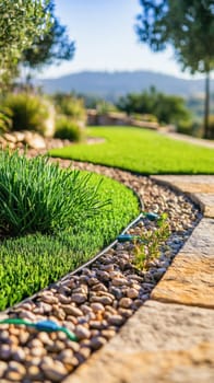 Drip irrigation system efficiently watering a lush garden, promoting water conservation and healthy plant growth