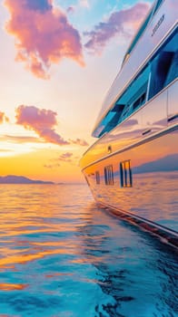 Modern yacht sailing towards sunset, reflecting the warm colors of golden hour on the calm sea