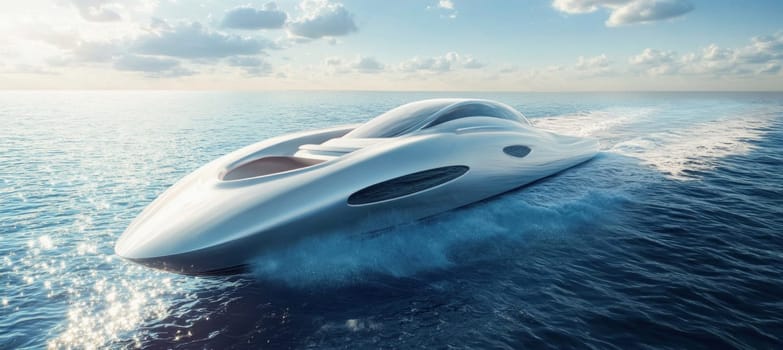 Modern white superyacht cruising at high speed on blue water, leaving a wake behind