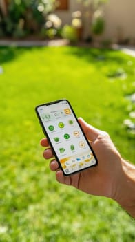 Hand holding smartphone displaying smart gardening system app, controlling plants remotely in garden
