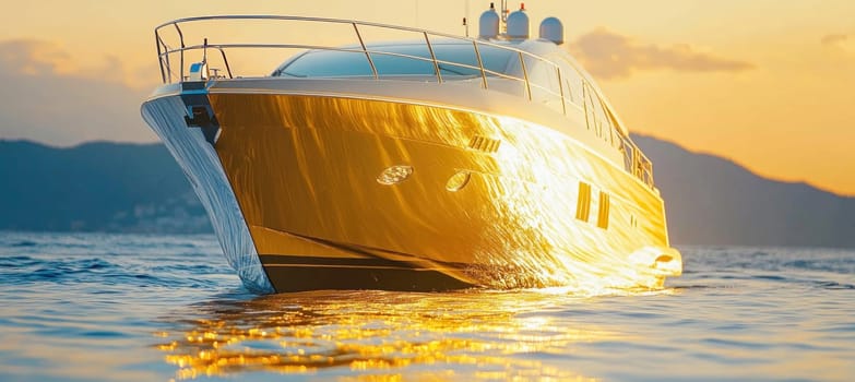 Modern yacht sailing towards the setting sun, creating a golden reflection on its hull