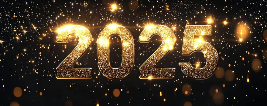 Bright and glamorous 2025 with glittering effect, creating a festive atmosphere. Perfect for New Year celebrations, parties, and invitations.