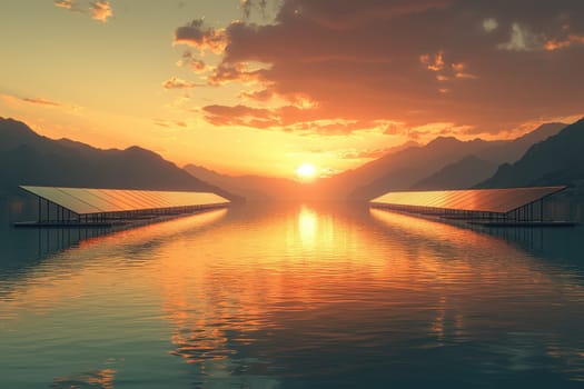 A surreal image of a floating solar farm at sunset, reflecting vibrant colors over calm waters with mountains in the background, showcasing the beauty of renewable energy.