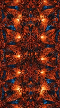 Intricate patterns resembling glowing flowers create a captivating display, set against a rich blue backdrop. The vibrant colors evoke a sense of warmth and creativity, inviting admiration.