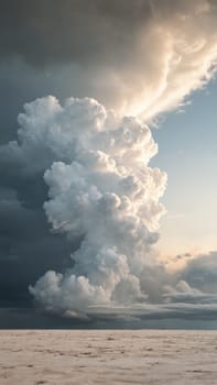 A breathtaking display of towering clouds forms a dramatic silhouette against the setting sun, casting soft light across the sky. The tranquil atmosphere invites awe and contemplation.