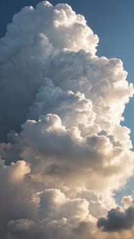 A magnificent display of clouds rises dramatically toward the sky, their fluffy edges illuminated by the warm hues of sunset, creating a captivating and ethereal atmosphere.