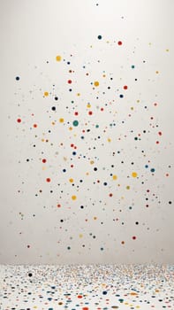 Brightly colored polka dots of varying sizes dance across a wall and floor, creating a playful and whimsical atmosphere in a minimalist art installation that invites creativity and imagination.