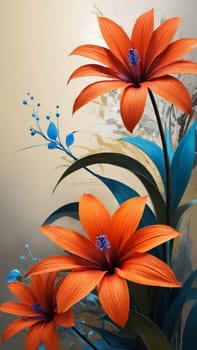 Orange blooms stand tall against a soft backdrop, with delicate blue accents highlighting their beauty. This enchanting floral arrangement brings warmth and life to any space.