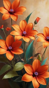 A stunning arrangement of bright orange flowers displays their vibrant petals, surrounded by lush green leaves. The warm backdrop enhances their beauty, creating a serene and inviting atmosphere.