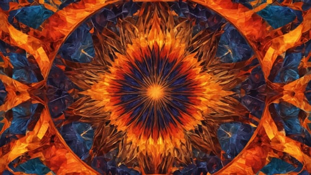 An explosion of swirling colors and shapes forms a captivating abstract design. Fiery reds, oranges, and deep blues blend harmoniously, creating a mesmerizing visual experience.