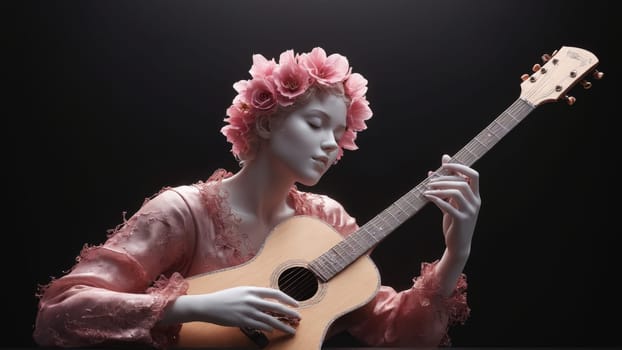 Bathed in soft light, a serene musician adorned with a crown of pink flowers passionately plays a guitar, the moment encapsulating artistry and tranquility in a darkened atmosphere.