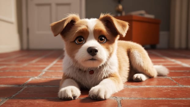 A playful puppy rests on a tiled surface, gazing curiously with bright eyes. The inviting living room exudes warmth and comfort, perfect for an afternoon of relaxation.