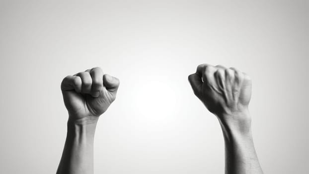 Two hands are uplifted with clenched fists, conveying a powerful message of victory and resilience. The focus draws attention to the strength of human spirit amid a minimalistic backdrop.