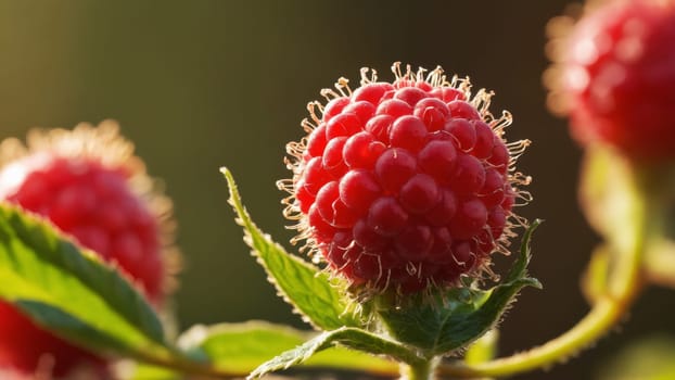Juicy red raspberries are clustered together, glistening under the gentle sunlight. Their vibrant color and fresh appearance suggest a perfect harvest, ideal for sweet treats or smoothies.