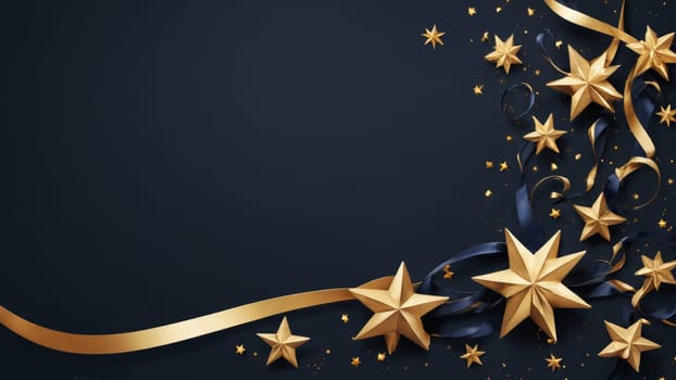 Glistening golden stars and flowing ribbons come together, forming an elegant display that adds a touch of magic to the dark backdrop, evoking a sense of celebration and joy.