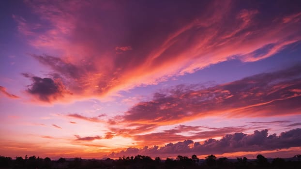 As the day transitions into night, the sky bursts with vivid hues of orange, pink, and purple, creating a breathtaking backdrop to the soft clouds drifting by at dusk.