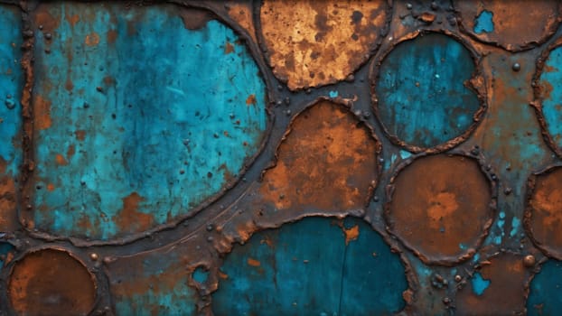 A striking mix of rust and vibrant turquoise on an old industrial wall creates a mesmerizing blend of colors that encapsulates history and beauty.