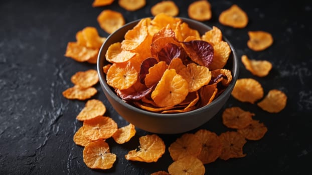 A bowl filled with vibrant dried fruit chips sits on a rustic dark surface, with scattered slices surrounding it, showcasing an inviting healthy snack that highlights the beauty of nature's colors.