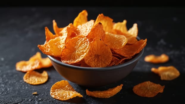 A bowl overflowing with bright, golden-orange crispy snacks catches the light, invitingly displayed on a textured surface. The contrast of colors highlights their crunchy allure.