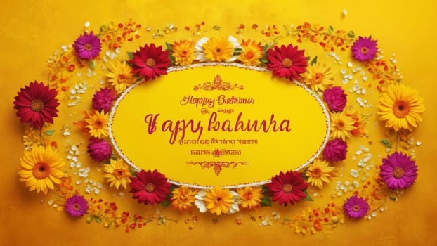 A bright yellow background showcases a beautiful floral design featuring vibrant flowers and heartfelt wishes for Baisakhi. The arrangement radiates joy, unity, and celebration.
