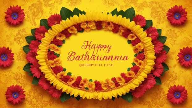 A bright yellow background showcases a beautiful floral design featuring vibrant flowers and heartfelt wishes for Baisakhi. The arrangement radiates joy, unity, and celebration.