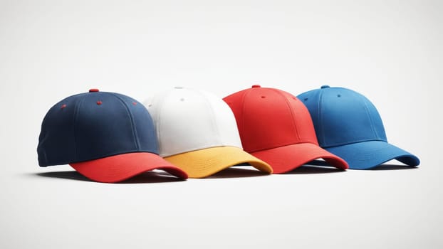A vibrant lineup of caps in blue, red, white, and yellow sits side by side, highlighting their unique designs and colors. A stylish choice for any outdoor activity or casual day out.