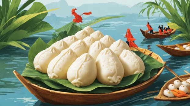 A vibrant boat carries a bounty of dumplings nestled on fresh leaves while villagers engage in cheerful activities along a tranquil river, surrounded by lush greenery and wildlife.