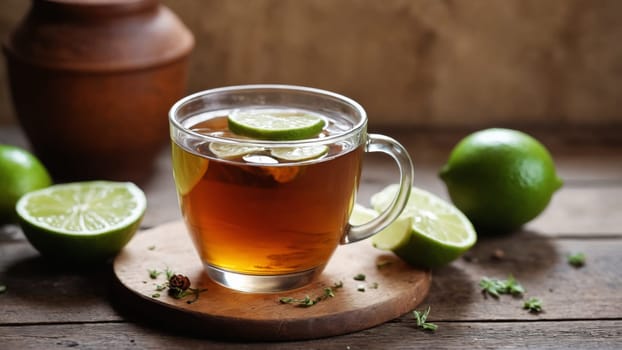 A warm cup of herbal tea filled with vibrant lime slices sits on a rustic wooden board. Fresh limes surround the cup, creating an inviting and soothing ambiance perfect for relaxation.