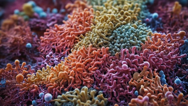 A captivating close-up reveals diverse cellular structures, showcasing a colorful mix of shapes and sizes. These vivid formations highlight the complexity of microscopic life.