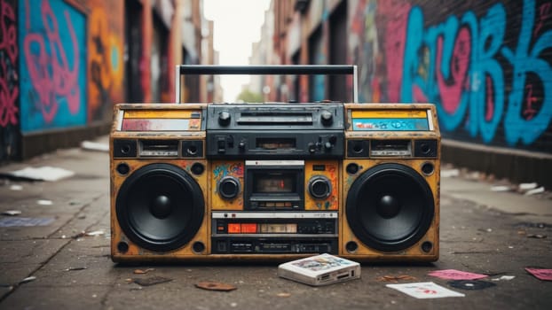 A classic yellow boombox sits on the ground, its speakers facing forward, while colorful graffiti covers the walls around it, showcasing urban culture and creativity on display.