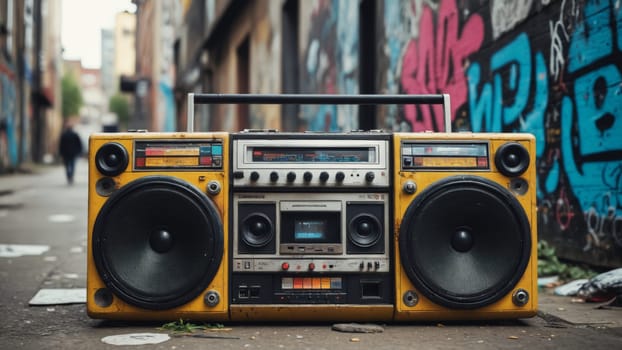 The retro boombox, adorned with graffiti and bright yellow speakers, rests on the pavement, surrounded by vibrant street art that reflects the spirit of the neighborhood.