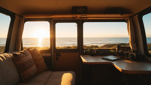 Nestled in a van with expansive windows, a serene workspace emerges, revealing the ocean at sunset. This tranquil space invites creativity and relaxation amidst nature's beauty.