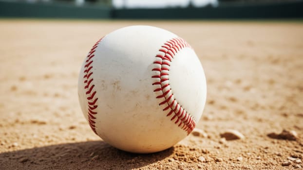 A well-used baseball sits on the infield dirt, illuminated by the warm evening sunlight, hinting at the anticipation of an exciting game to come as day turns to night.