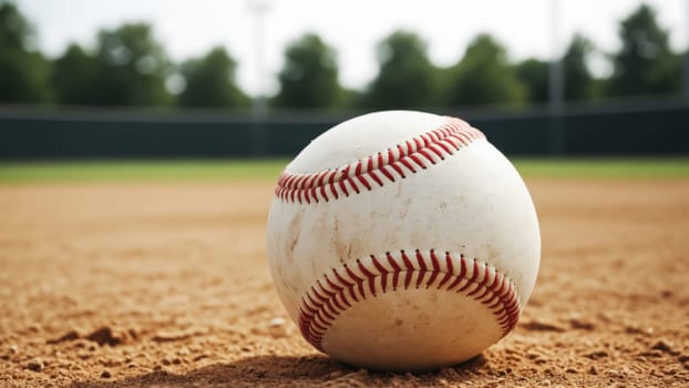 A lone baseball lies on the warm, sandy infield, inviting players to gather for practice. The sun casts soft shadows, enhancing the golden hues of the dirt and the ball's bright white surface.