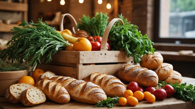 A charming assortment of freshly baked bread and colorful vegetables beautifully arranged in a rustic kitchen, illuminated by warm overhead lights, evoking a sense of home and comfort.