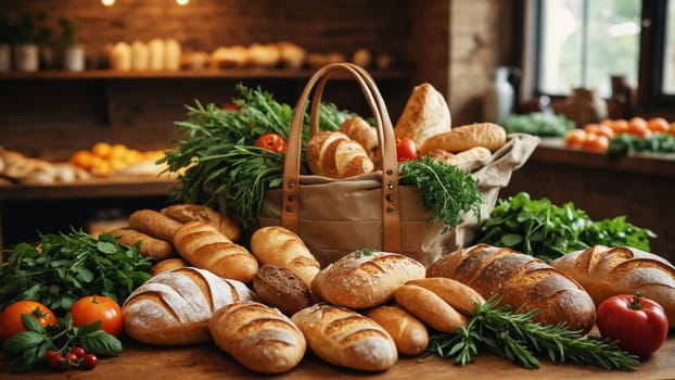 A charming display features an assortment of freshly baked breads surrounded by colorful vegetables and herbs. The warm atmosphere invites visitors to enjoy nature's bounty.