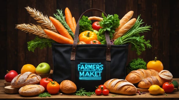 A sturdy basket overflows with colorful vegetables and aromatic herbs, accompanied by freshly baked bread, reflecting the essence of healthy, local food choices.