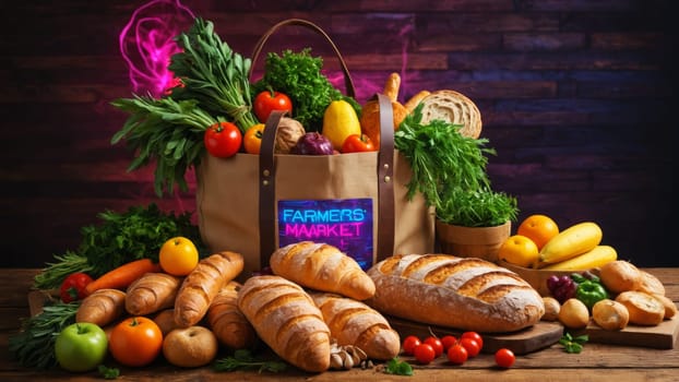 A bountiful assortment of colorful fruits and vegetables spills from a rustic basket, complemented by freshly baked bread. Vibrant hues create an inviting atmosphere full of farm-fresh goodness.