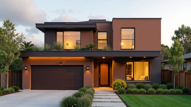 An inviting modern residence stands gracefully at dusk, featuring expansive windows that illuminate the interior. Lush greenery and a sleek driveway enhance the charm of this architectural gem.
