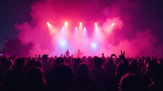 Under a starlit sky, a large crowd sways to live music, surrounded by colorful lights and mist. The atmosphere is electric with excitement and joy as the performance unfolds on stage.