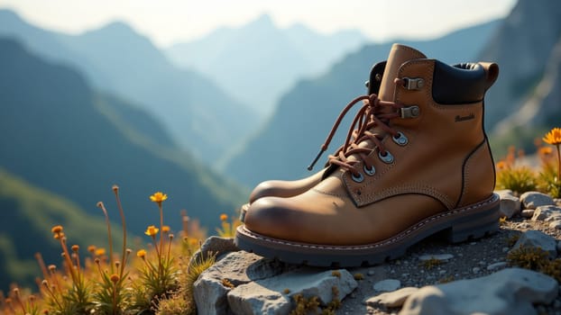 A pair of sturdy hiking boots sit atop a rocky surface, surrounded by vibrant wildflowers against the backdrop of majestic mountains. The sunlight casts a warm glow, inviting adventure.