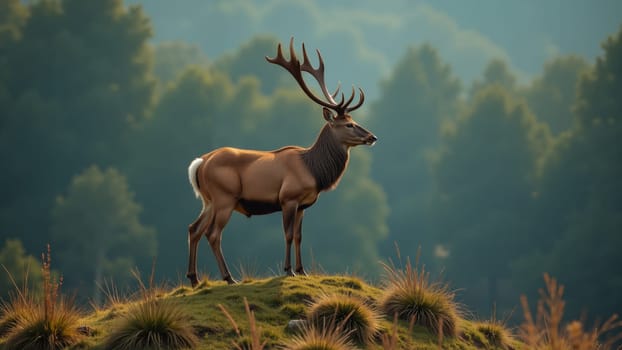 A beautiful stag stands proudly on a hill, its antlers raised against a backdrop of towering pine trees and early morning mist. The serene atmosphere evokes a sense of tranquility in nature.