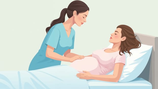 A compassionate nurse gently supports a patient lying in bed, providing comfort in a welcoming hospital environment filled with natural light, fostering a sense of calm during recovery.