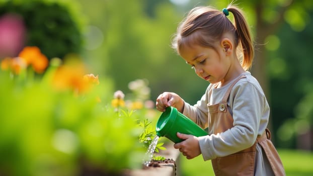 With joy on her face, a young girl gently waters lush green plants in her garden, surrounded by blooming flowers under the warm afternoon sun. This moment reflects her love for nature.